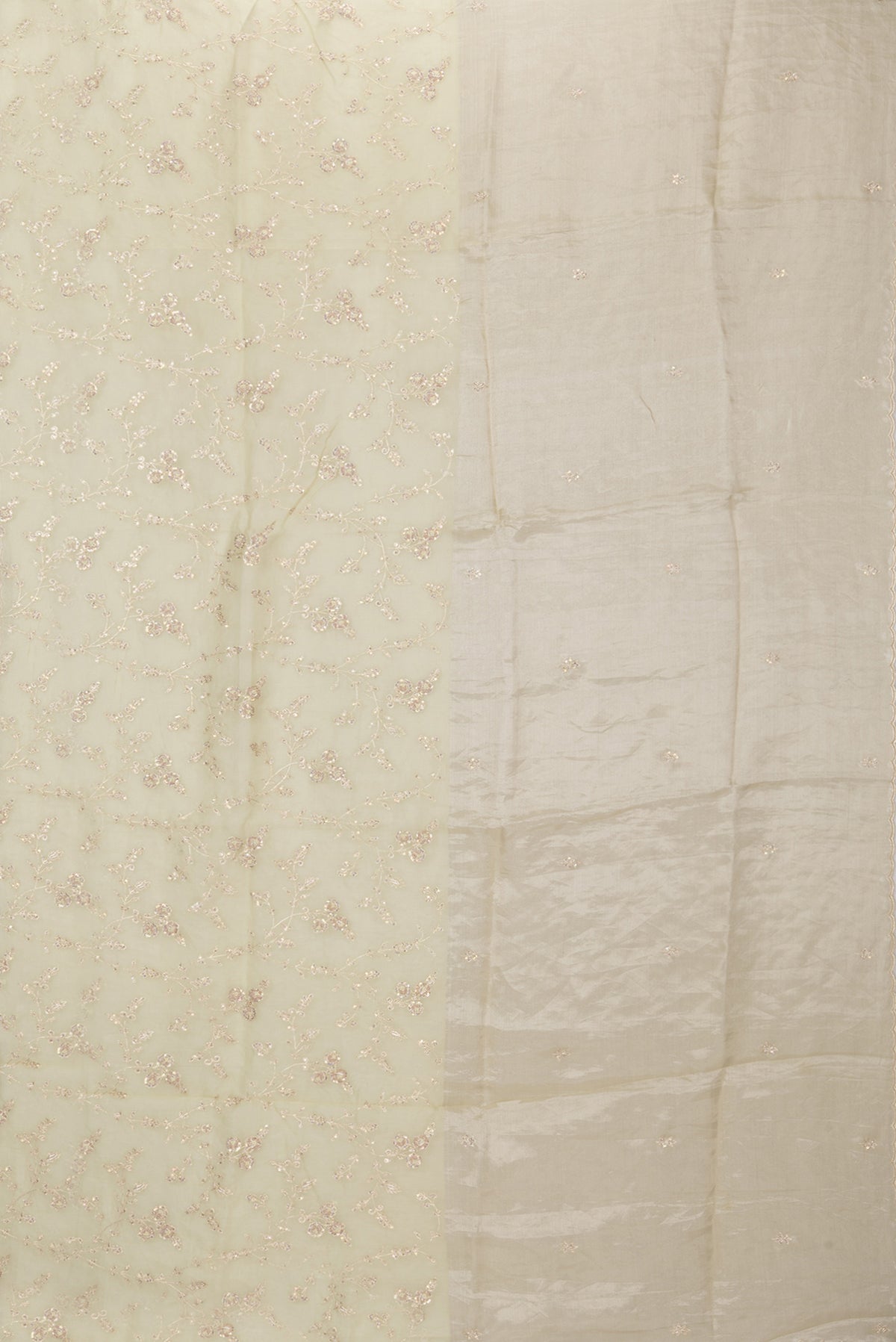 Flat view of Lemon Yellow Organza Silk Saree with Embroidery on the body and Embroidery Border. 