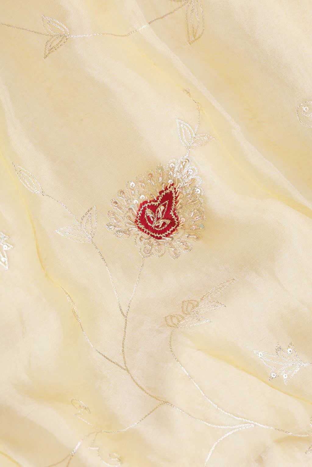 Close up of Gold Dual Tone Organza Silk Saree with Embroidery on the body and Embroidery Border.  displaying folds