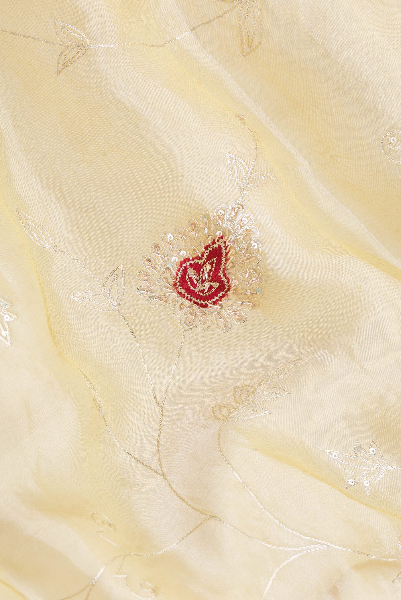Close up of Gold Dual Tone Organza Silk Saree with Embroidery on the body and Embroidery Border.  displaying folds