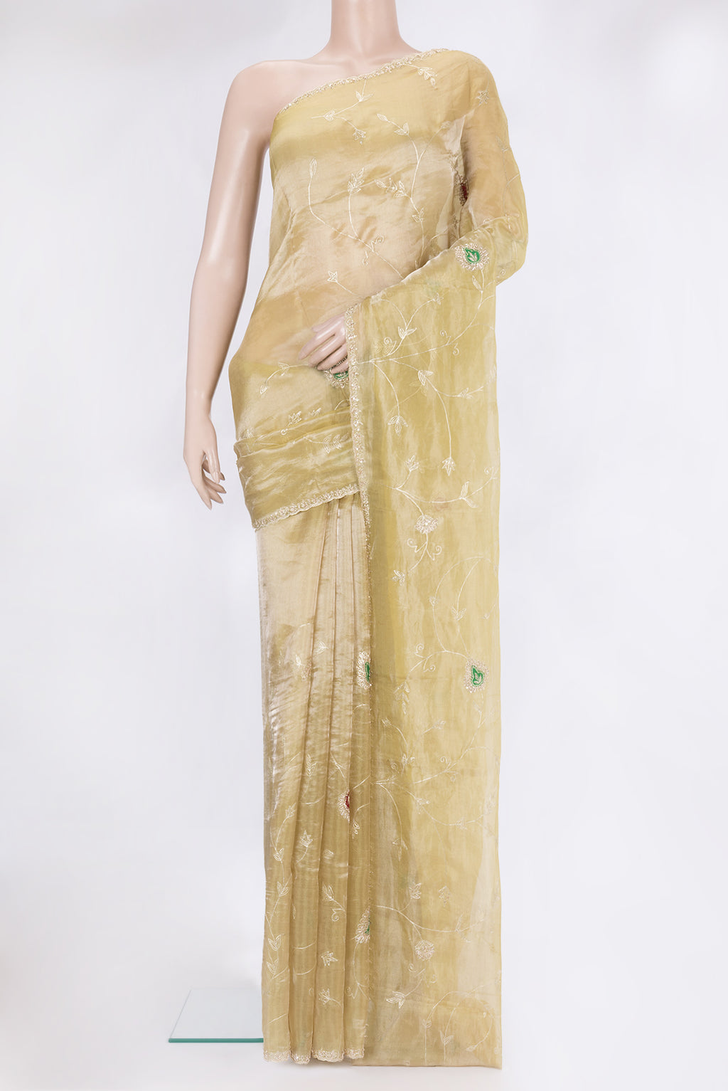 Gold Dual Tone Organza Silk Saree with Embroidery on the body and Embroidery Border.  displayed on a mannequin