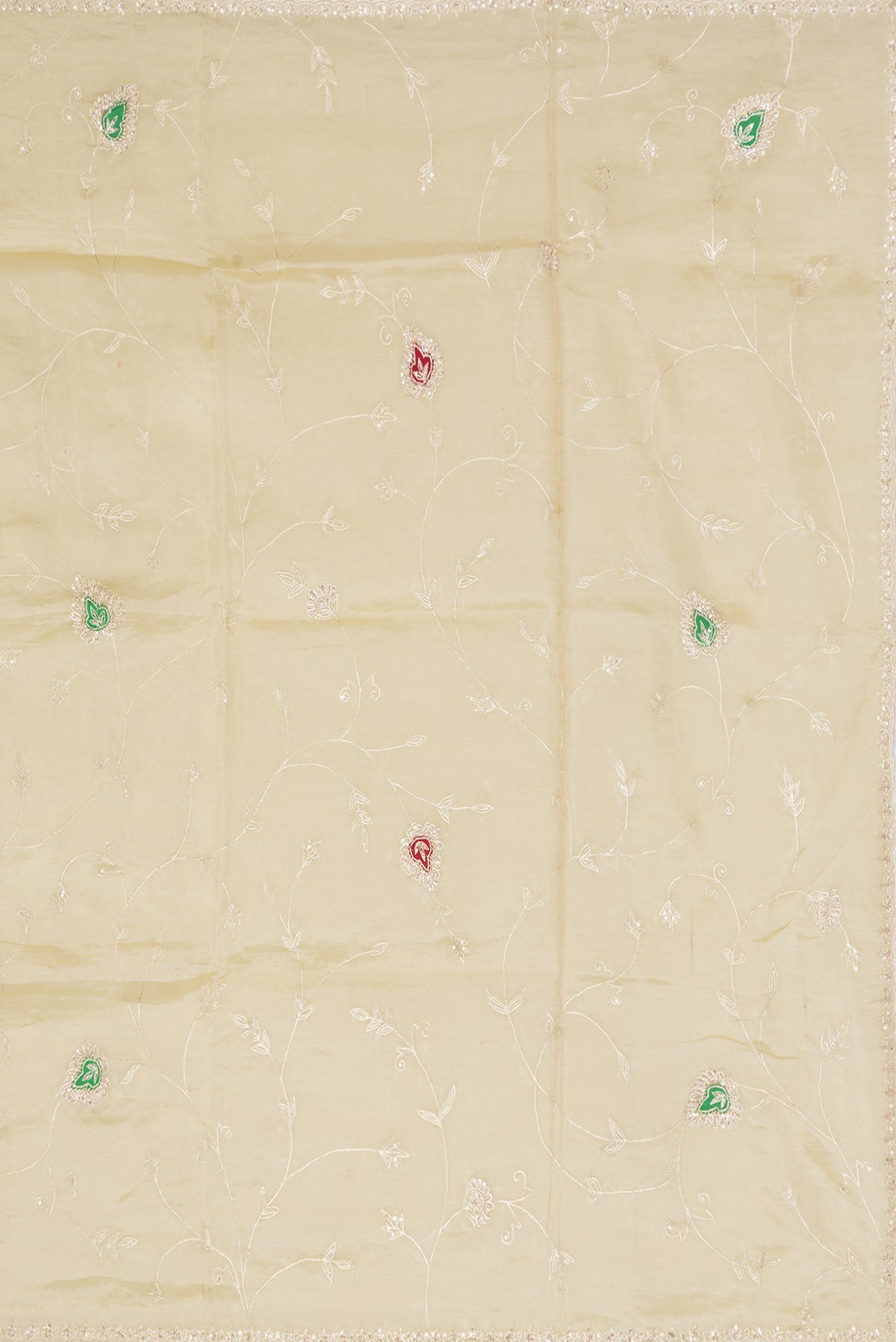 Close up image of the pallu of Gold Dual Tone Organza Silk Saree with Embroidery on the body and Embroidery Border. 