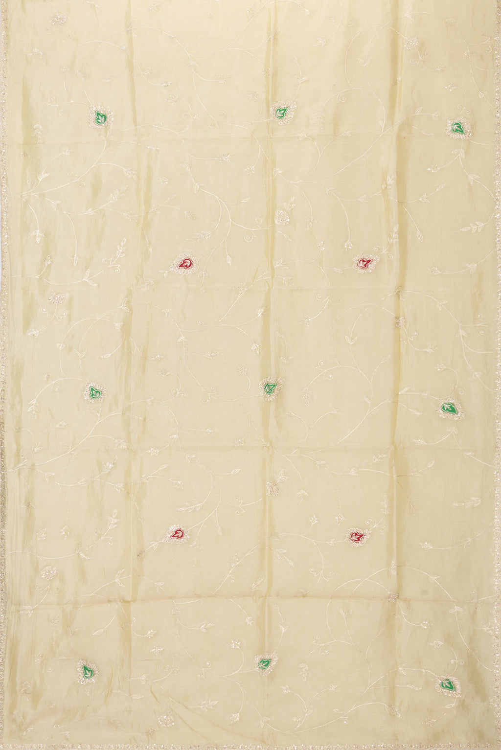 Flat view of Gold Dual Tone Organza Silk Saree with Embroidery on the body and Embroidery Border. 