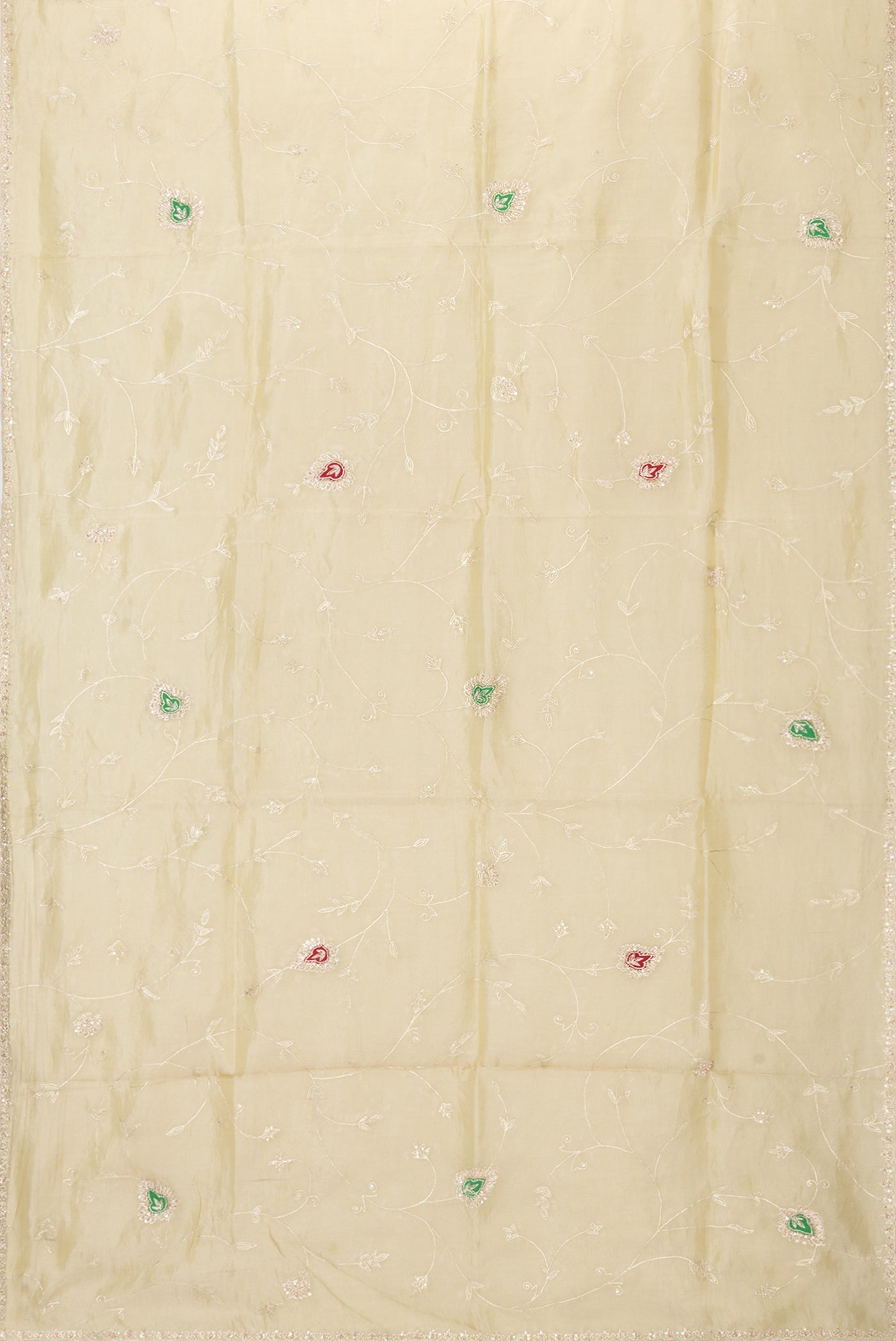 Flat view of Gold Dual Tone Organza Silk Saree with Embroidery on the body and Embroidery Border. 