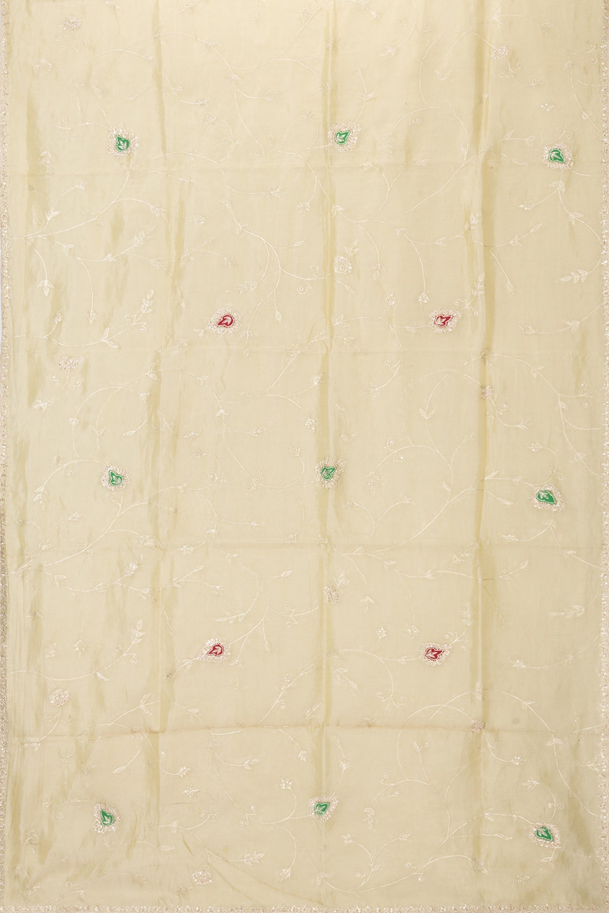 Flat view of Gold Dual Tone Organza Silk Saree with Embroidery on the body and Embroidery Border. 