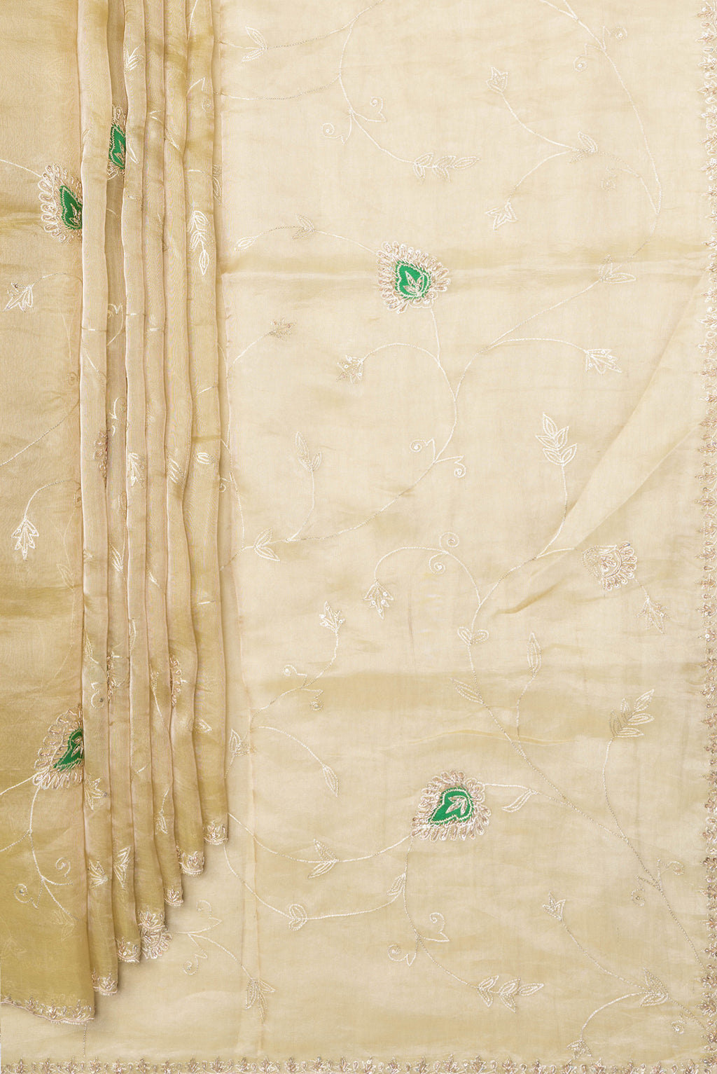 Pleats and pallu of Gold Dual Tone Organza Silk Saree with Embroidery on the body and Embroidery Border. 