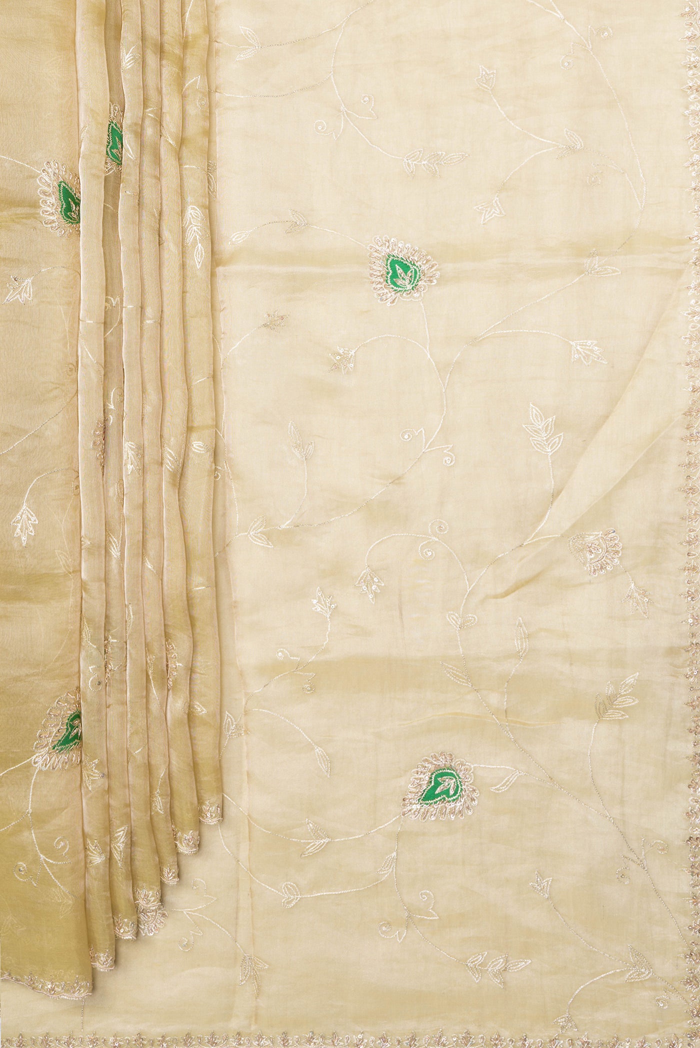Pleats and pallu of Gold Dual Tone Organza Silk Saree with Embroidery on the body and Embroidery Border. 