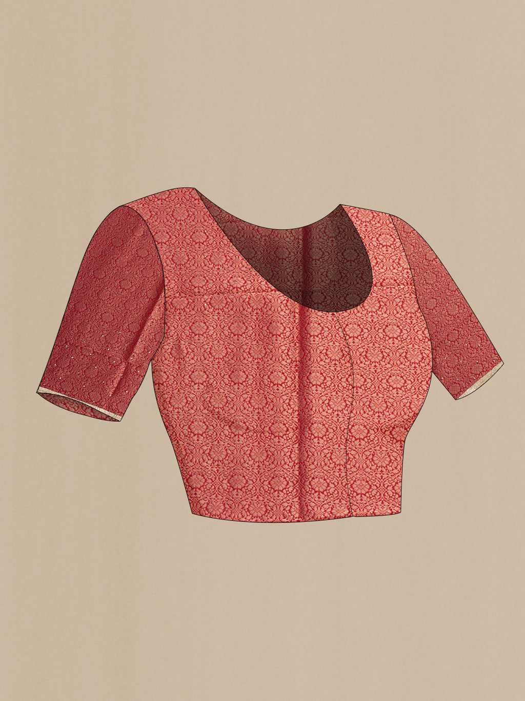 Close up image of the blouse of Red Dual Tone Organza Silk Saree with Embroidery on the body and Zari Border. 