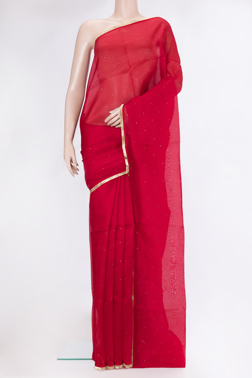Red Dual Tone Organza Silk Saree with Embroidery on the body and Zari Border.  displayed on a mannequin