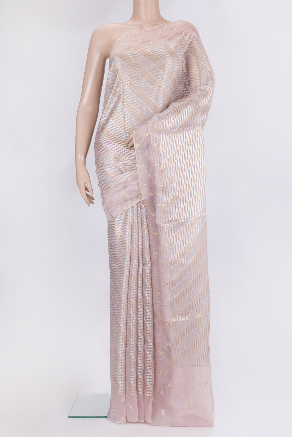 Pink Dual Tone Organza Saree with Zari Brocade on the body and Embroidery Border.  displayed on a mannequin