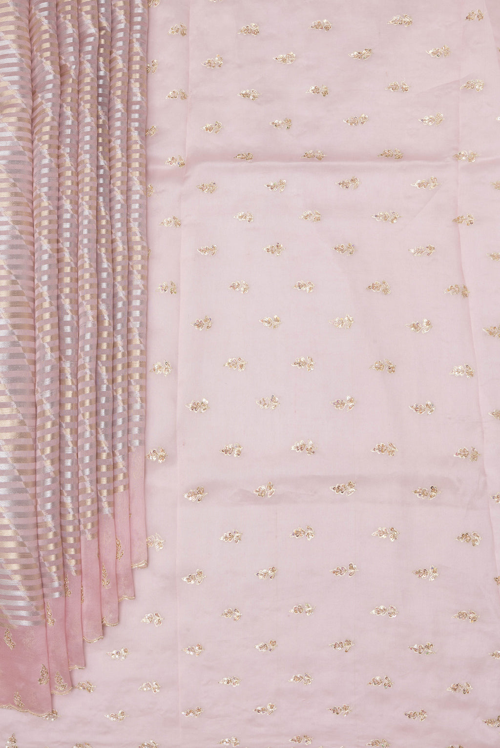 Pleats and pallu of Pink Dual Tone Organza Saree with Zari Brocade on the body and Embroidery Border. 
