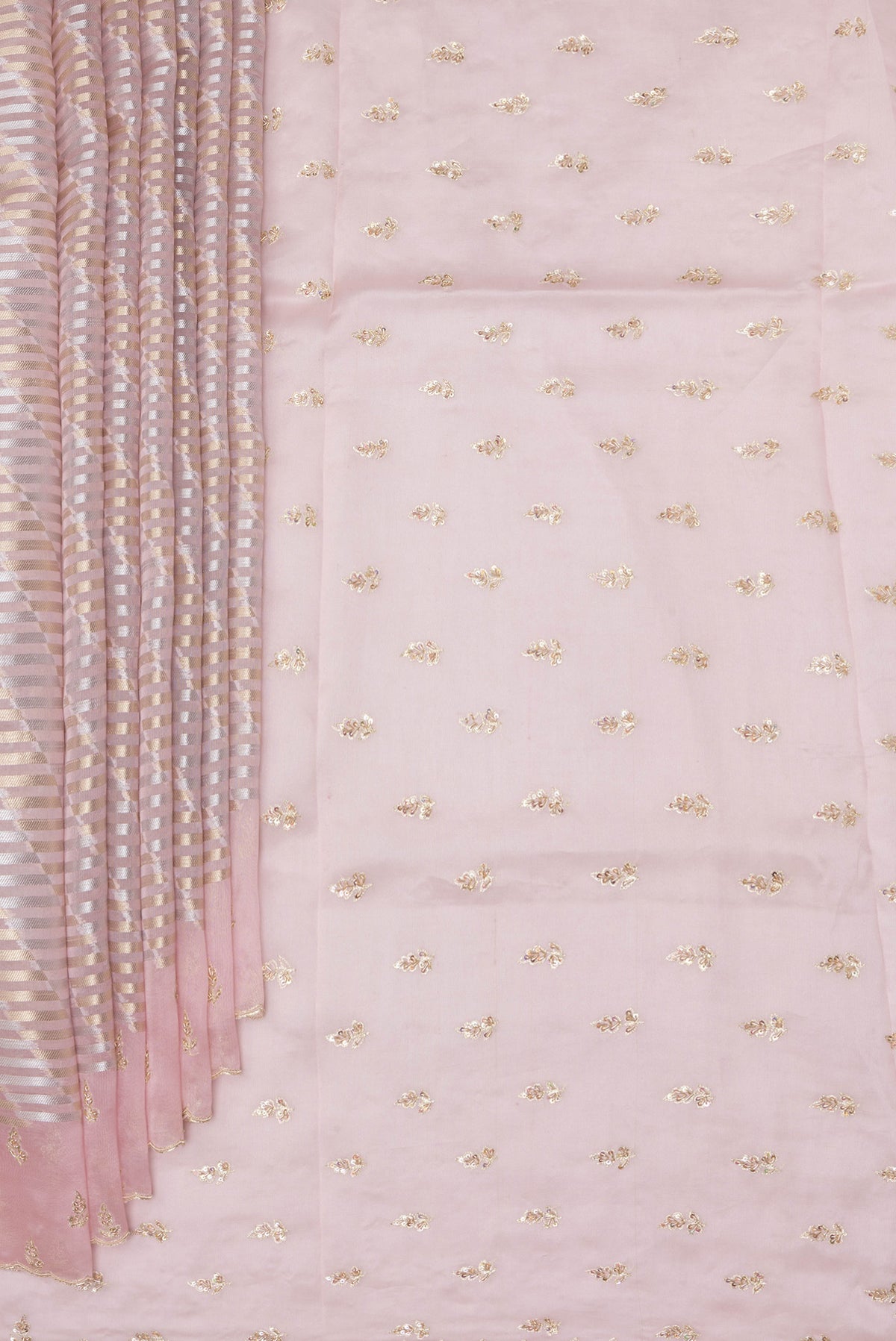 Pleats and pallu of Pink Dual Tone Organza Saree with Zari Brocade on the body and Embroidery Border. 