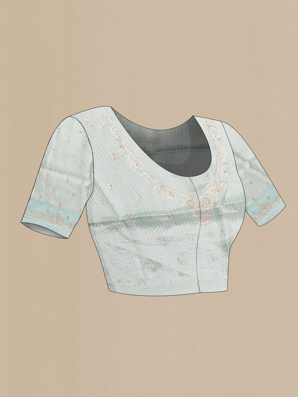 Close up image of the blouse of Sky Blue Organza Silk Saree with Zari Brocade on the body and Sequin Border. 