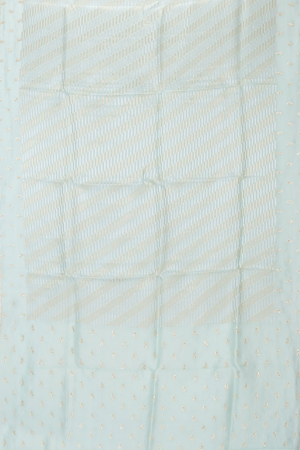 Flat view of Sky Blue Organza Silk Saree with Zari Brocade on the body and Sequin Border. 