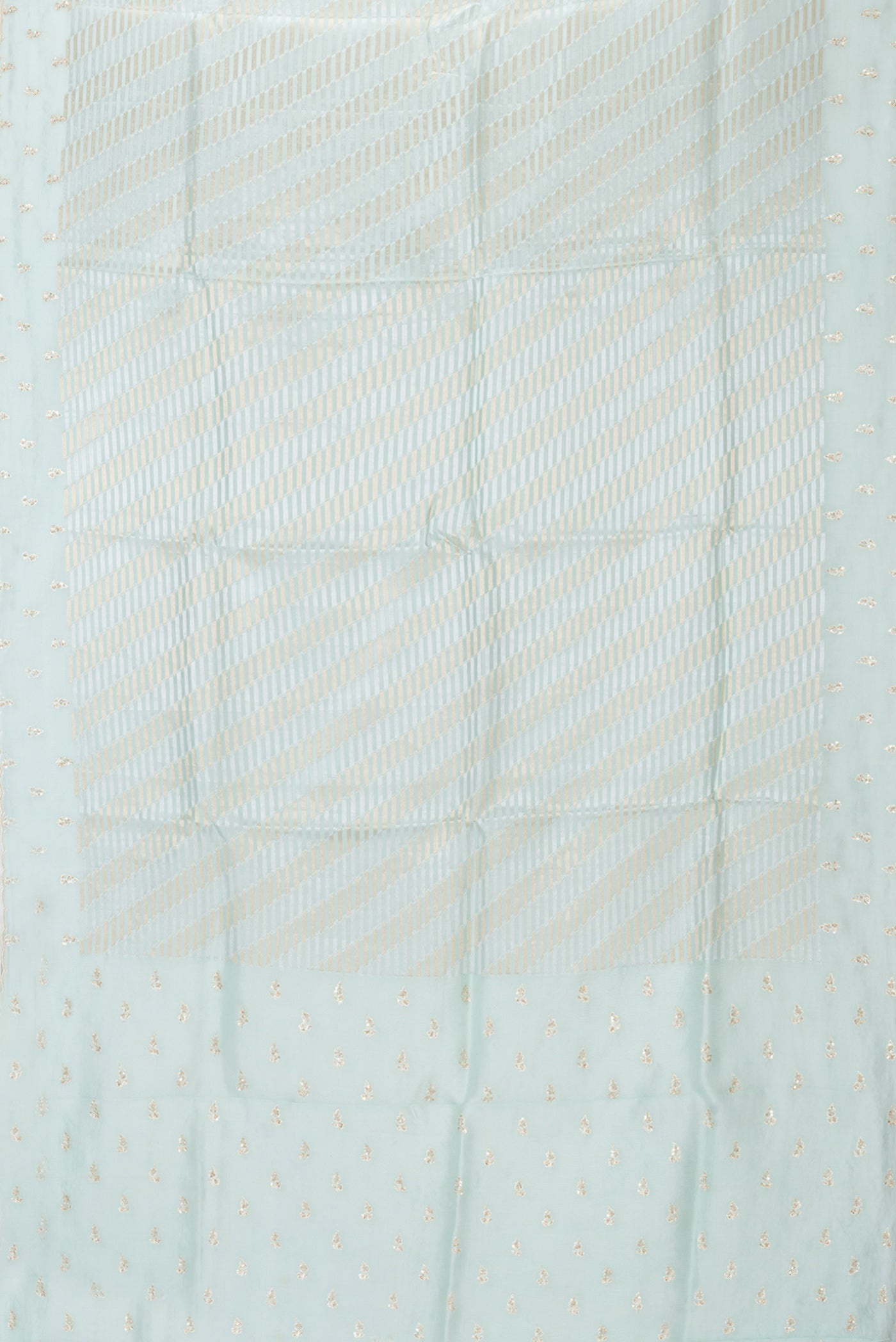 Flat view of Sky Blue Organza Silk Saree with Zari Brocade on the body and Sequin Border. 