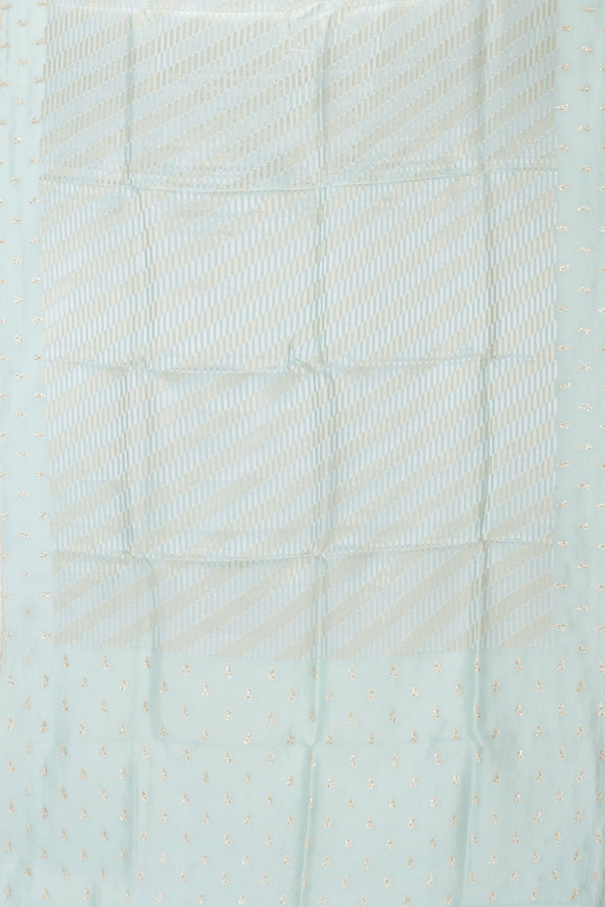 Flat view of Sky Blue Organza Silk Saree with Zari Brocade on the body and Sequin Border. 