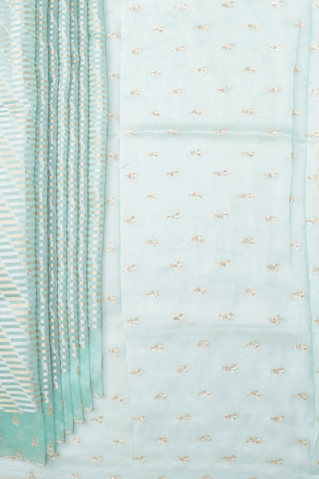 Pleats and pallu of Sky Blue Organza Silk Saree with Zari Brocade on the body and Sequin Border. 