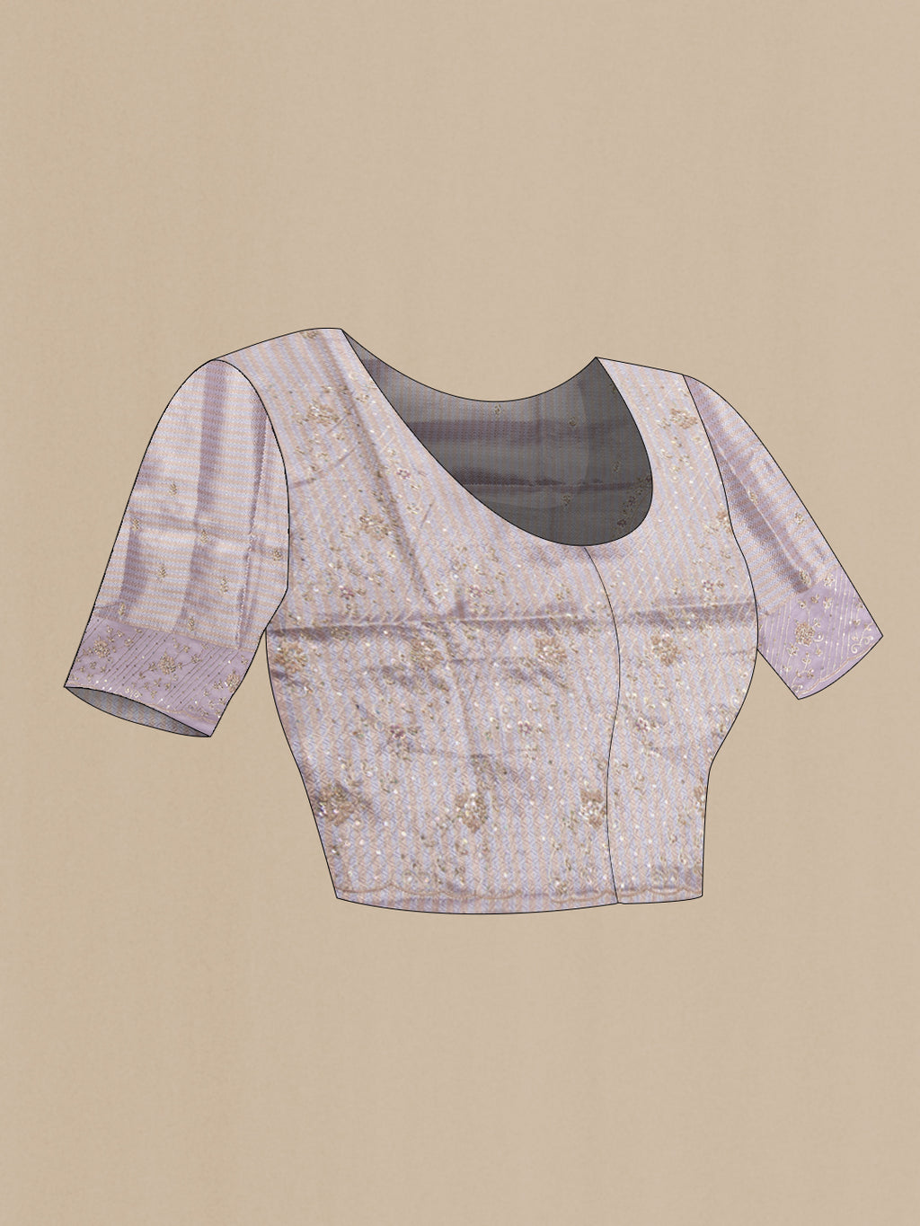 Close up image of the blouse of Lavender Organza Silk Saree with Zari Brocade on the body and Sequin Border. 