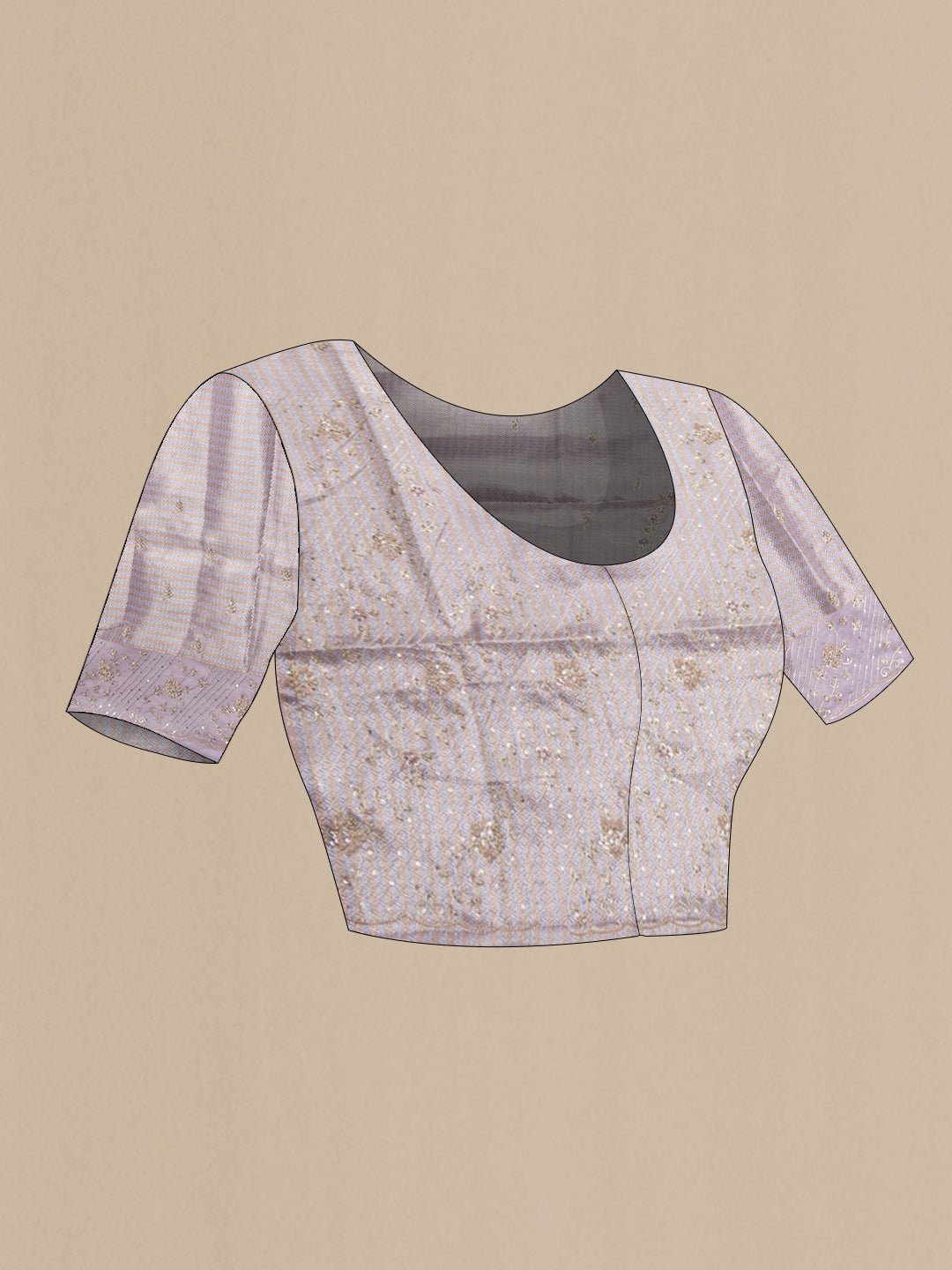 Close up image of the blouse of Lavender Organza Silk Saree with Zari Brocade on the body and Sequin Border. 