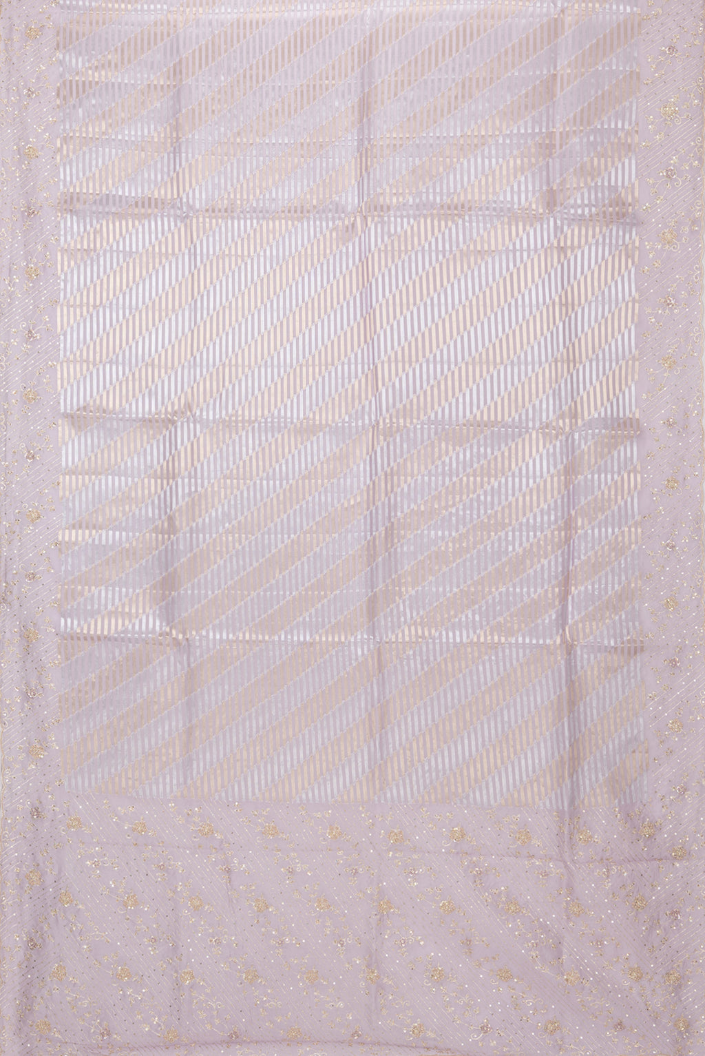 Flat view of Lavender Organza Silk Saree with Zari Brocade on the body and Sequin Border. 