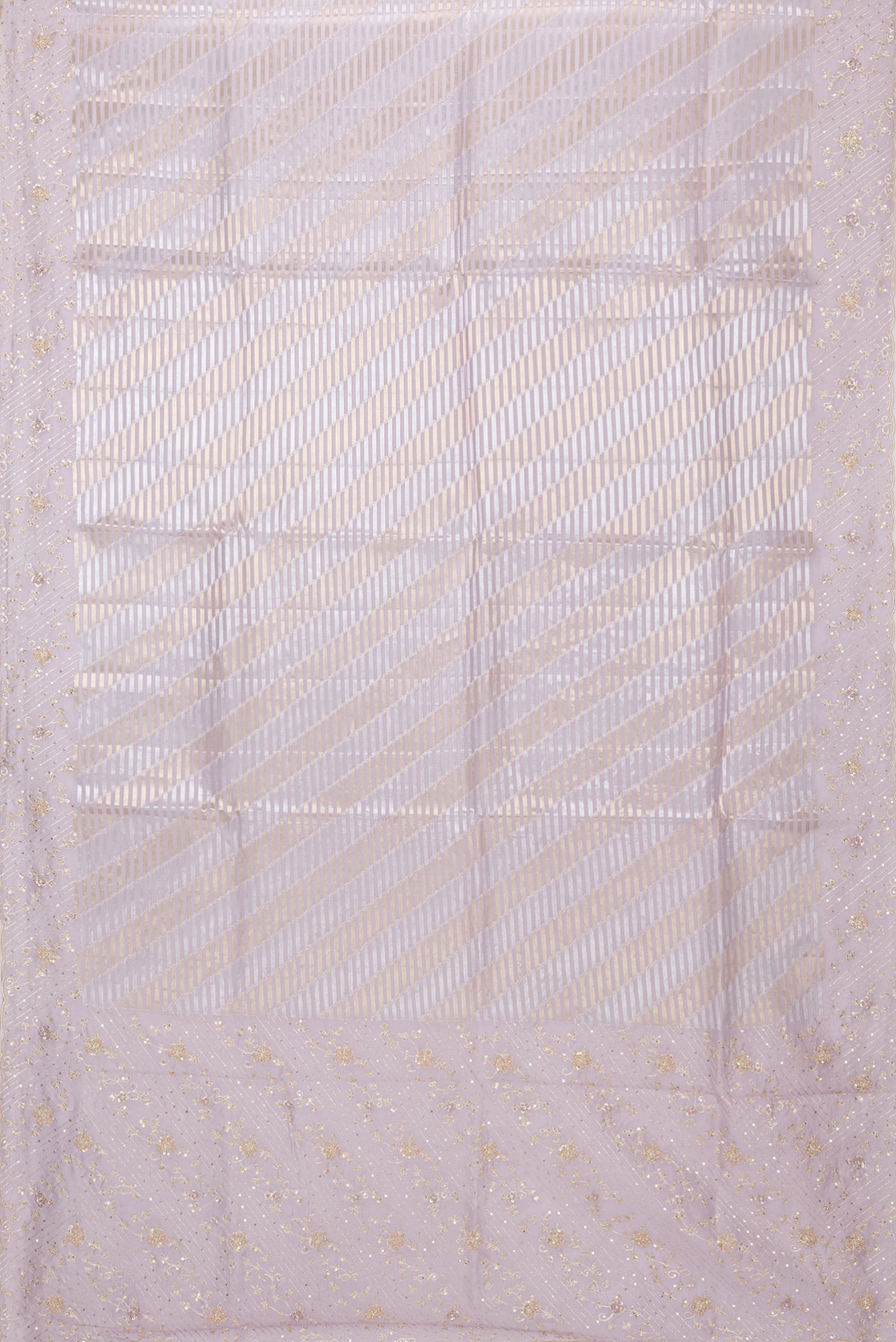 Flat view of Lavender Organza Silk Saree with Zari Brocade on the body and Sequin Border. 