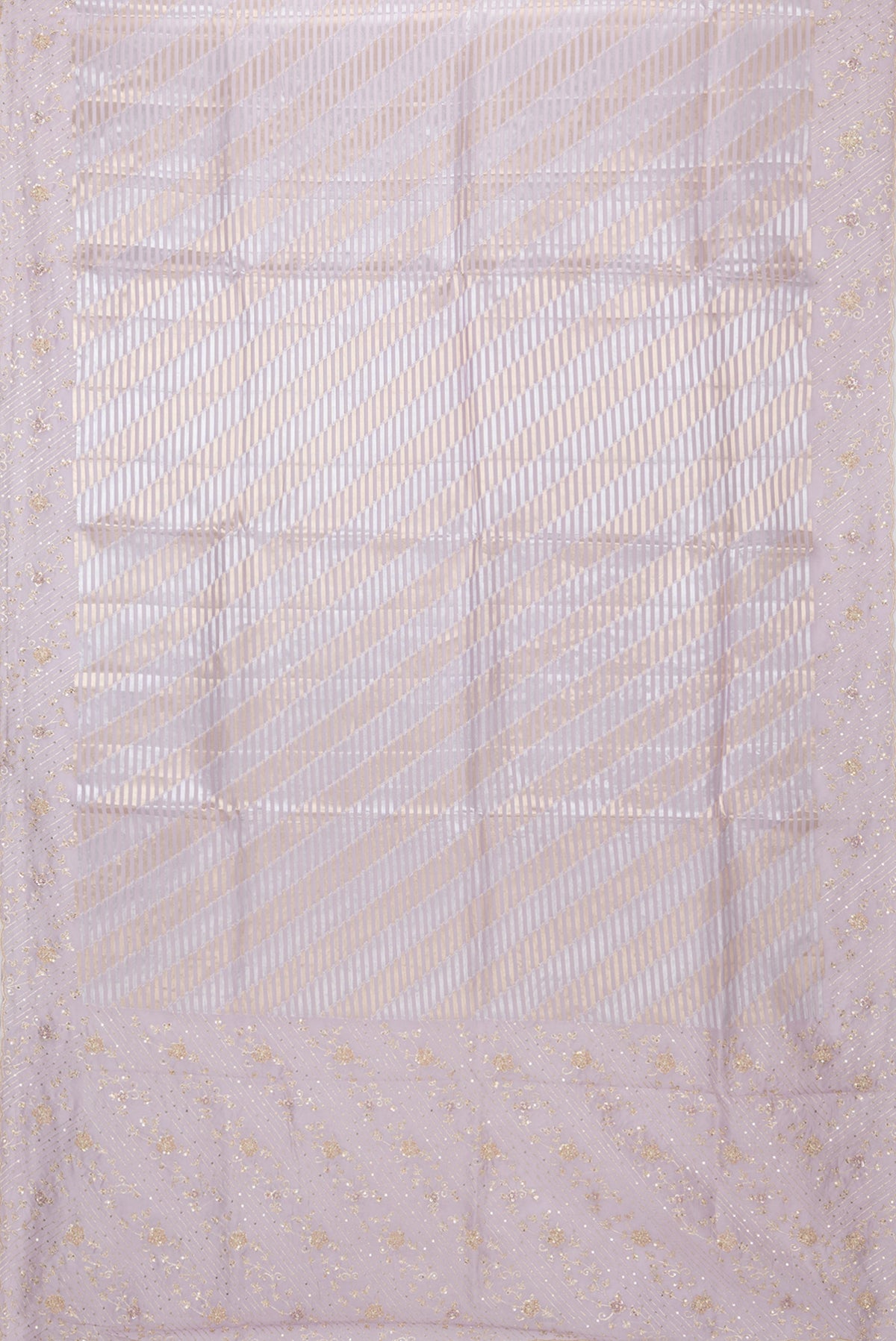 Flat view of Lavender Organza Silk Saree with Zari Brocade on the body and Sequin Border. 