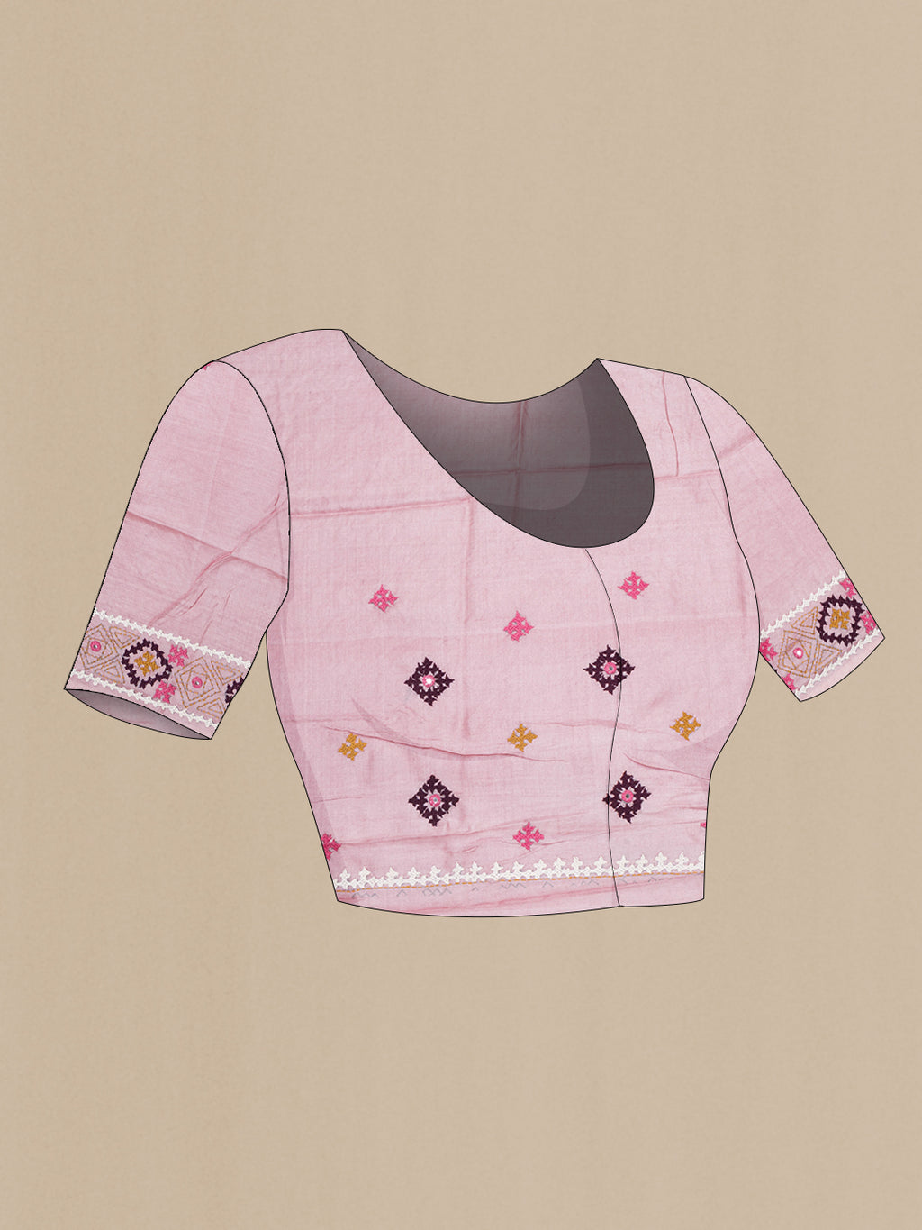 Close up image of the blouse of Pink Tussar Silk Saree with Printed design on the body and Embroidery Border. 