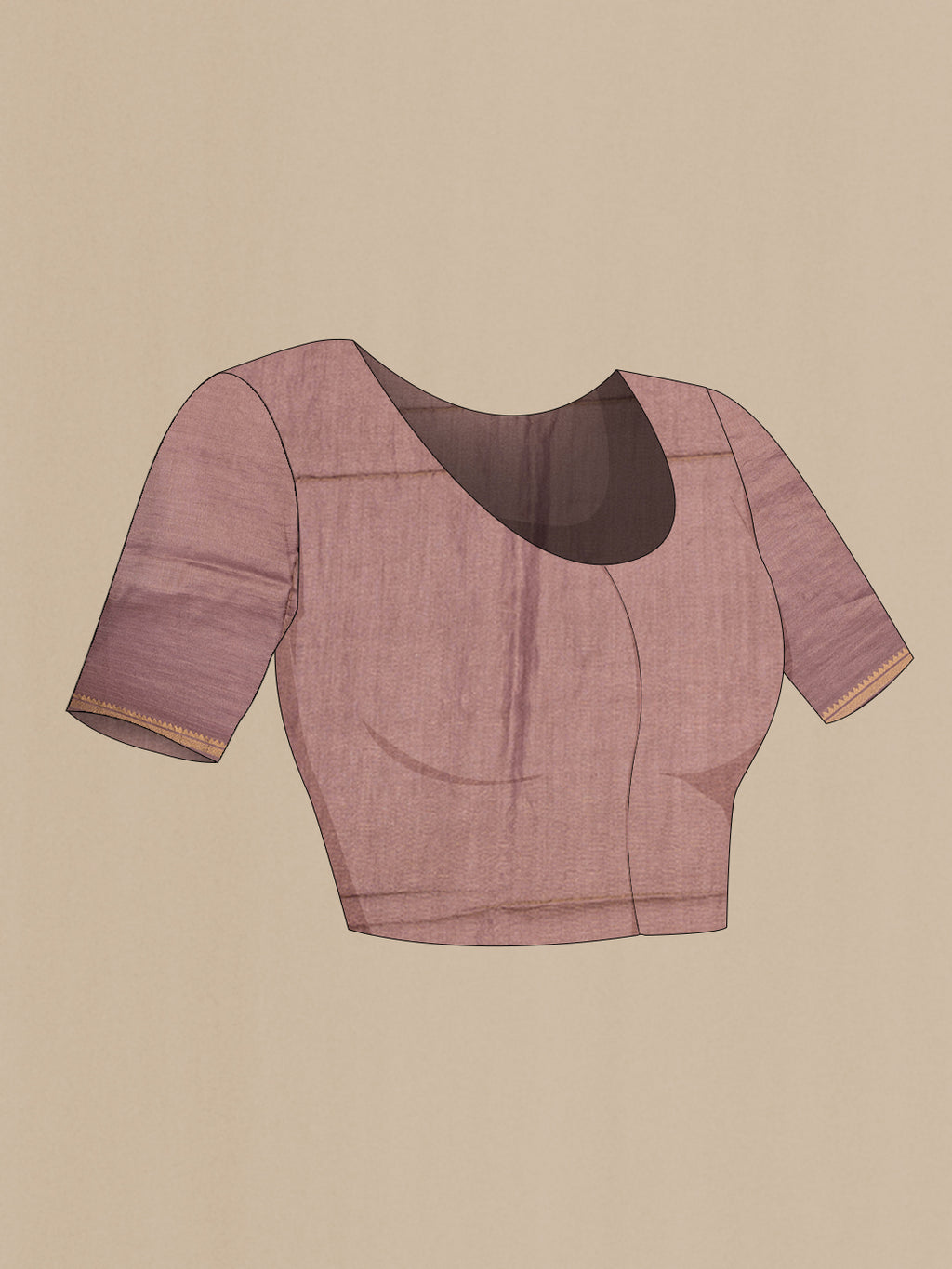 Close up image of the blouse of Brown Tussar Silk Saree with Embroidery on the body and Zari Border. 