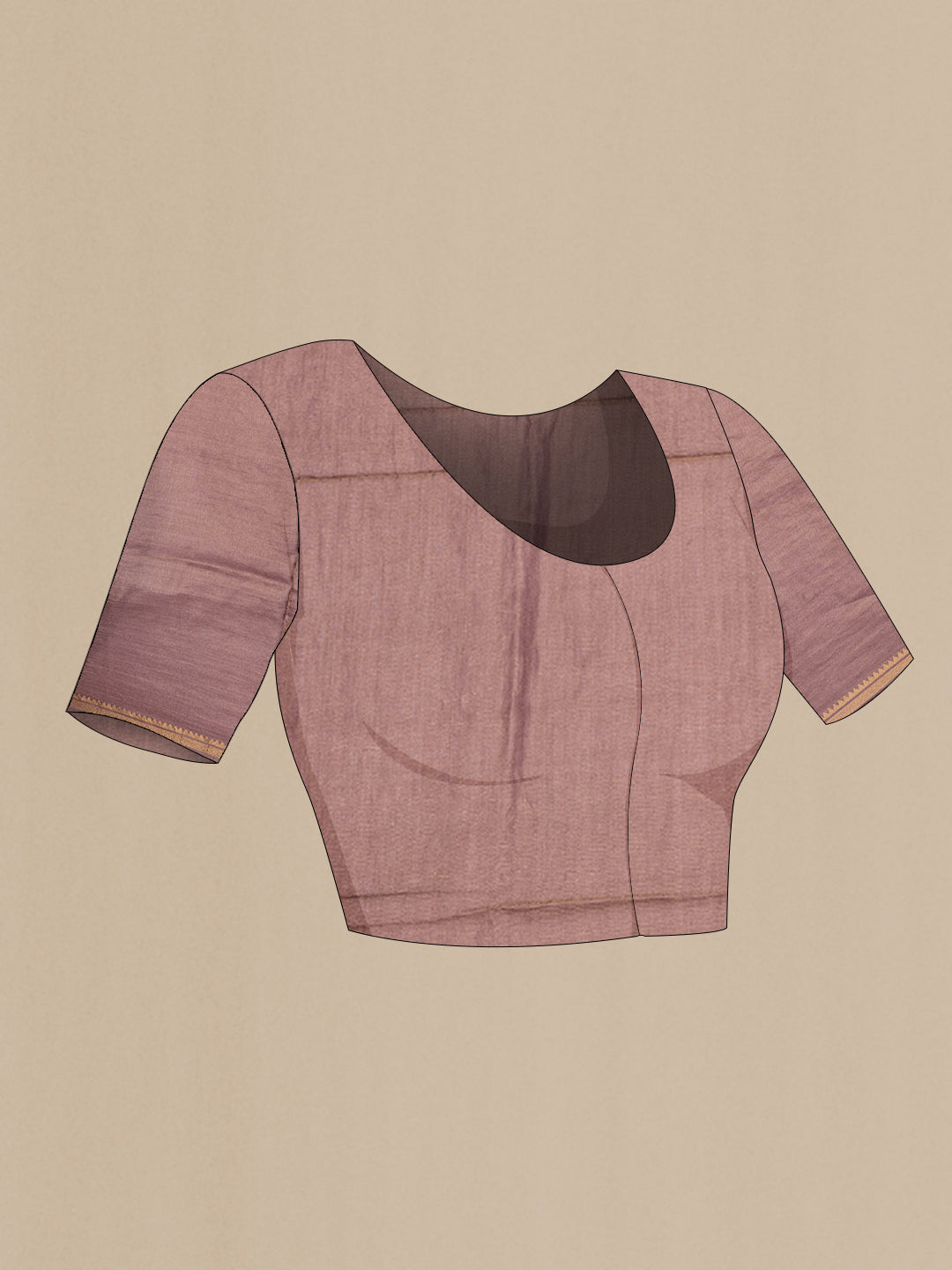Close up image of the blouse of Brown Tussar Silk Saree with Embroidery on the body and Zari Border. 