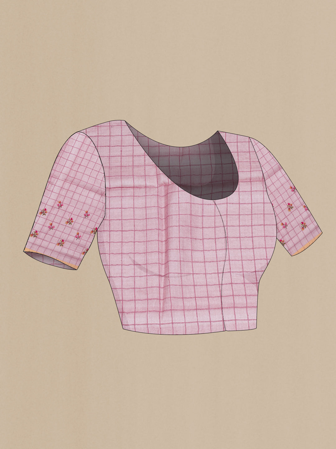 Close up image of the blouse of Pink Tussar Silk Saree with Checked design on the body and Zari Border. 