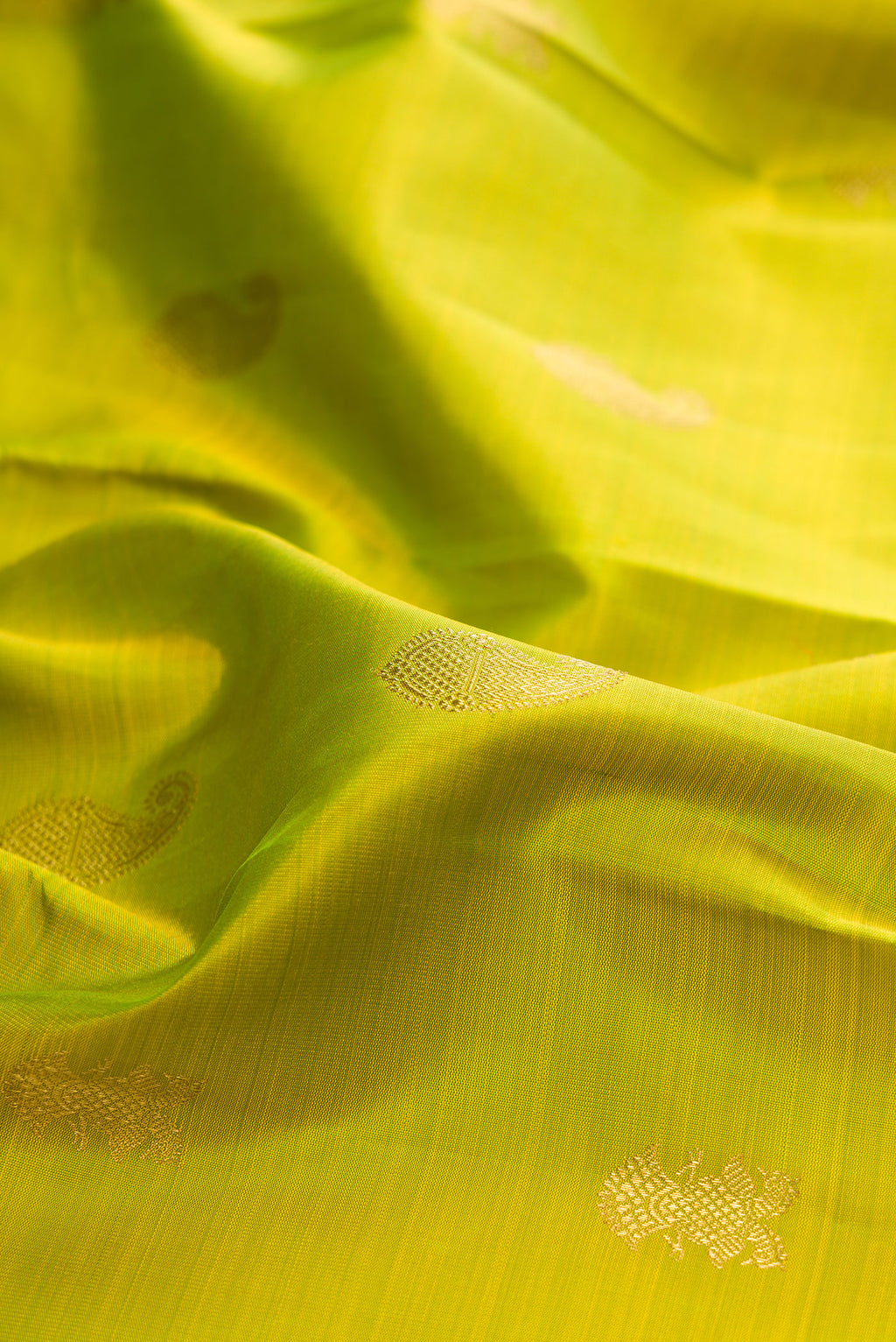 Close up of Pure Silk Pure Zari Parrot Green Kanjivaram Saree with Zari Butta on the body and Fancy Border.  displaying folds