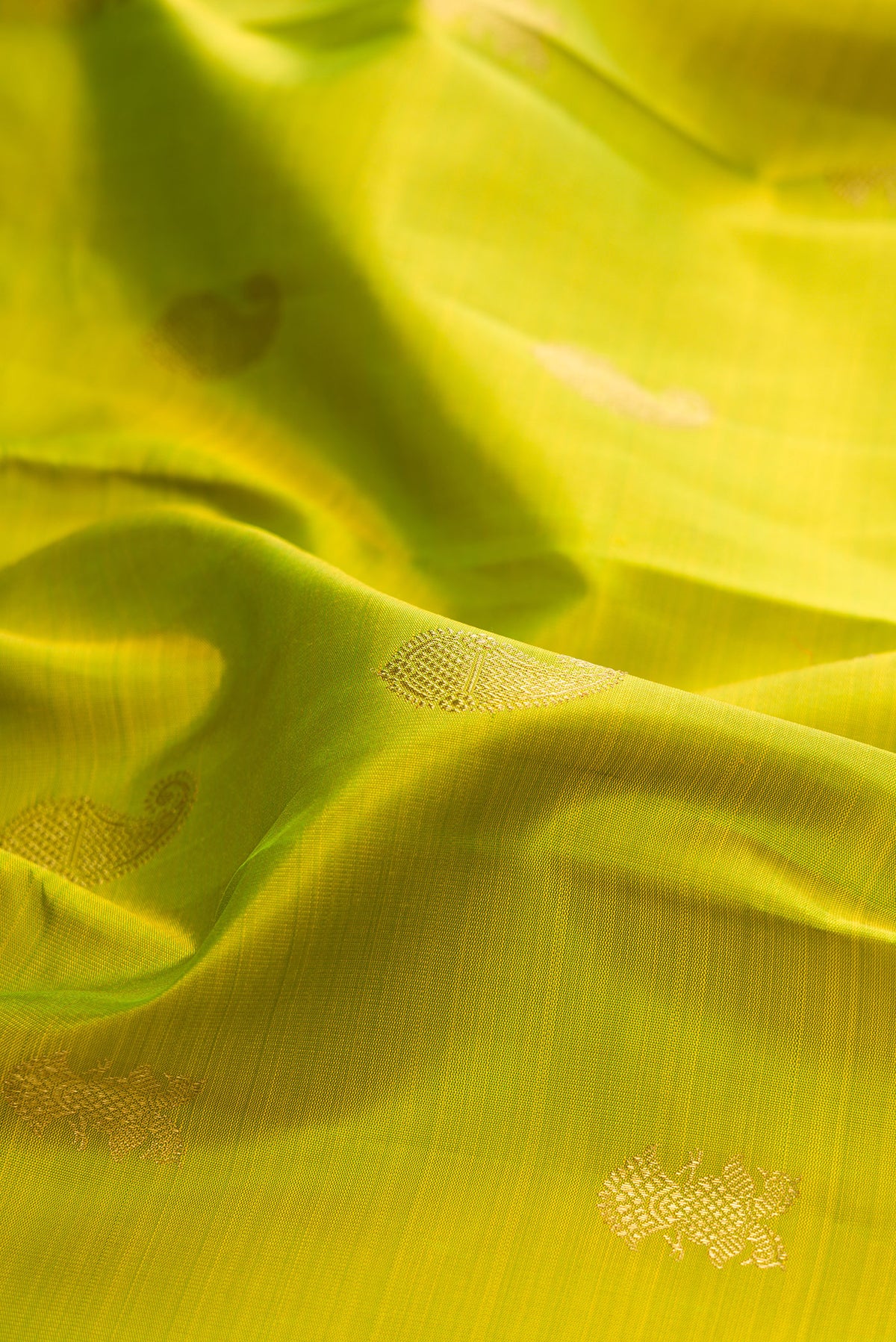 Close up of Pure Silk Pure Zari Parrot Green Kanjivaram Saree with Zari Butta on the body and Fancy Border.  displaying folds