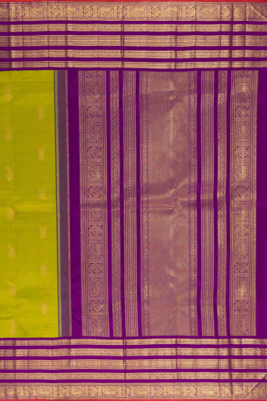 Close up image of the pallu of Pure Silk Pure Zari Parrot Green Kanjivaram Saree with Zari Butta on the body and Fancy Border. 