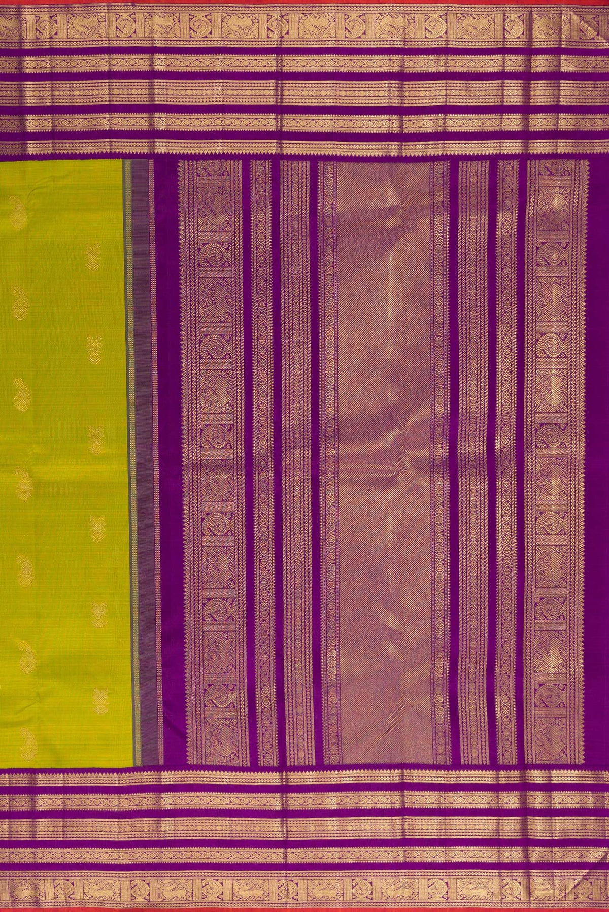 Close up image of the pallu of Pure Silk Pure Zari Parrot Green Kanjivaram Saree with Zari Butta on the body and Fancy Border. 