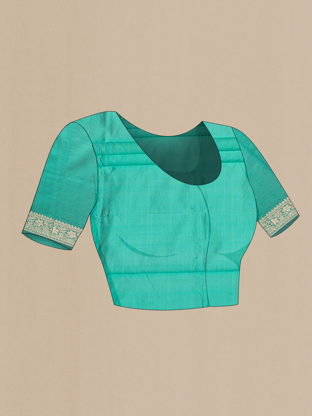 Close up image of the blouse of Green Banarasi Silk Saree with Zari Butta on the body and Zari Border. 