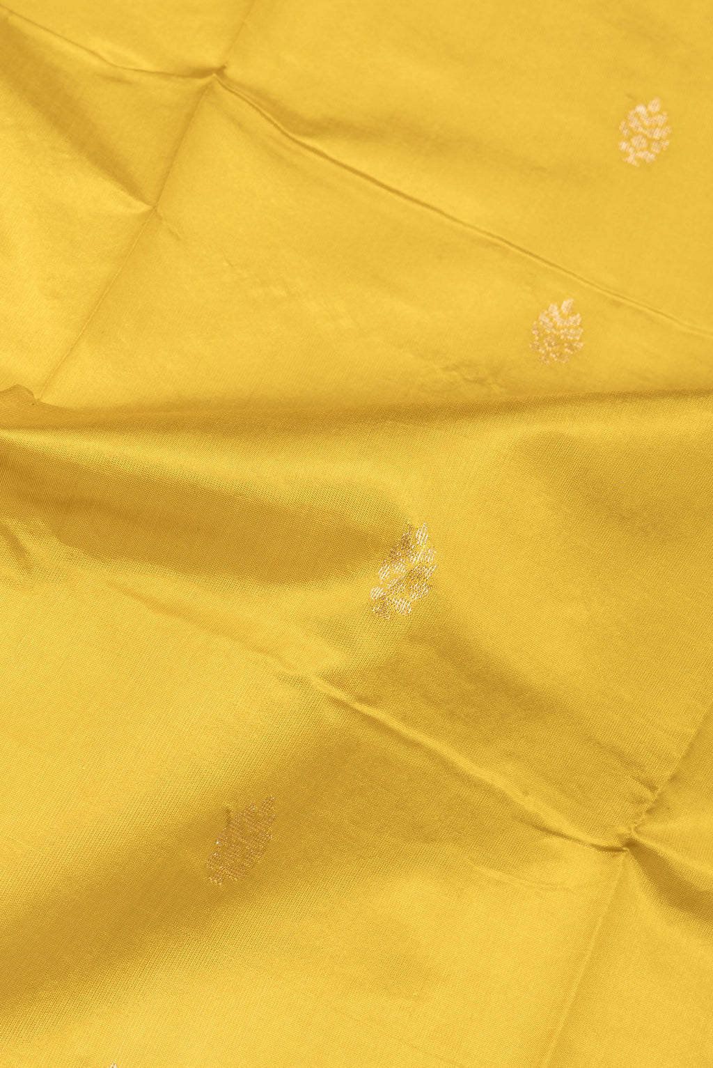 Close up of Parrot Green Dual Tone Banarasi Silk Saree with Zari Butta on the body and Zari Border.  displaying folds