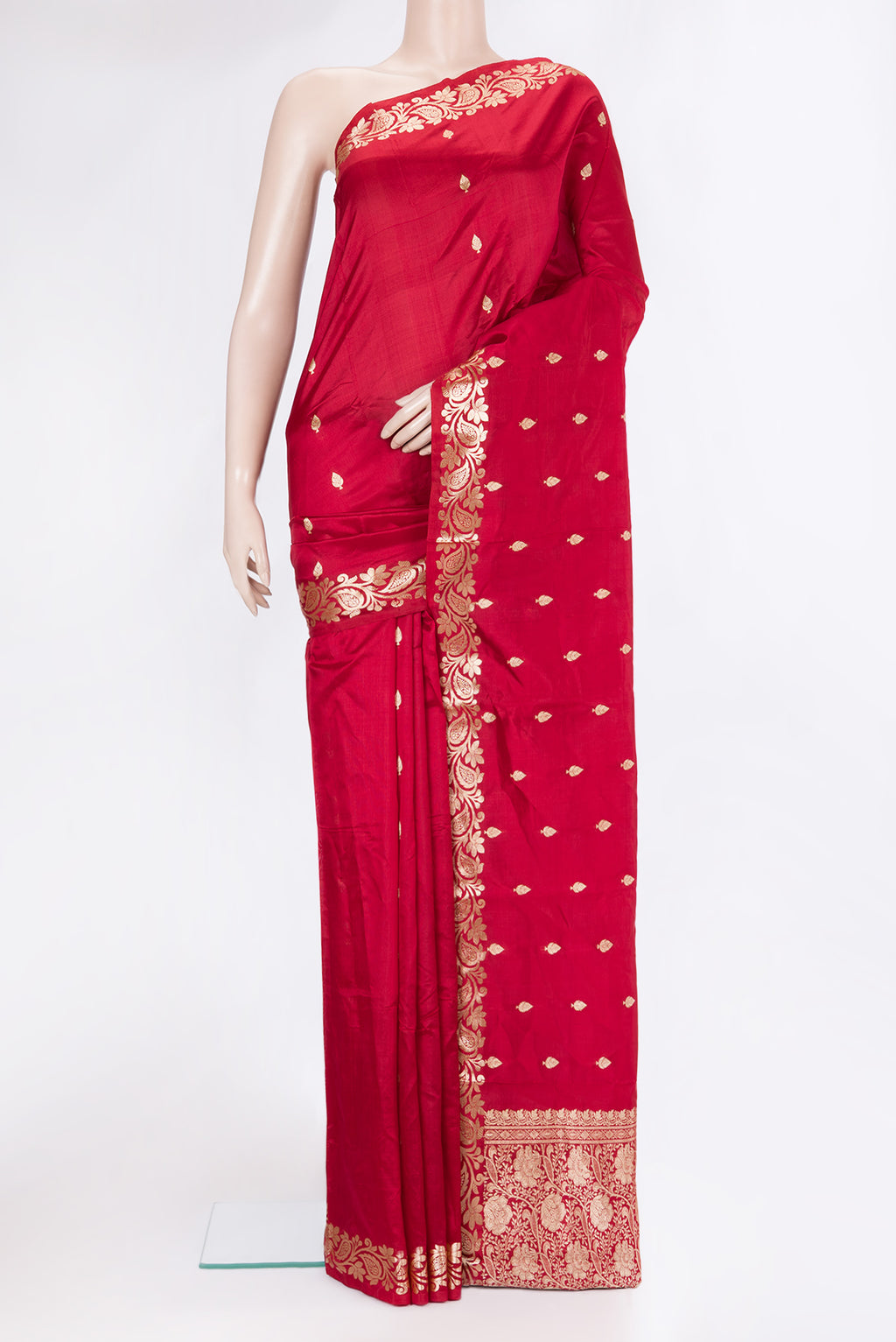 Maroon Banarasi Silk Saree with Zari Butta on the body and Zari Border.  displayed on a mannequin
