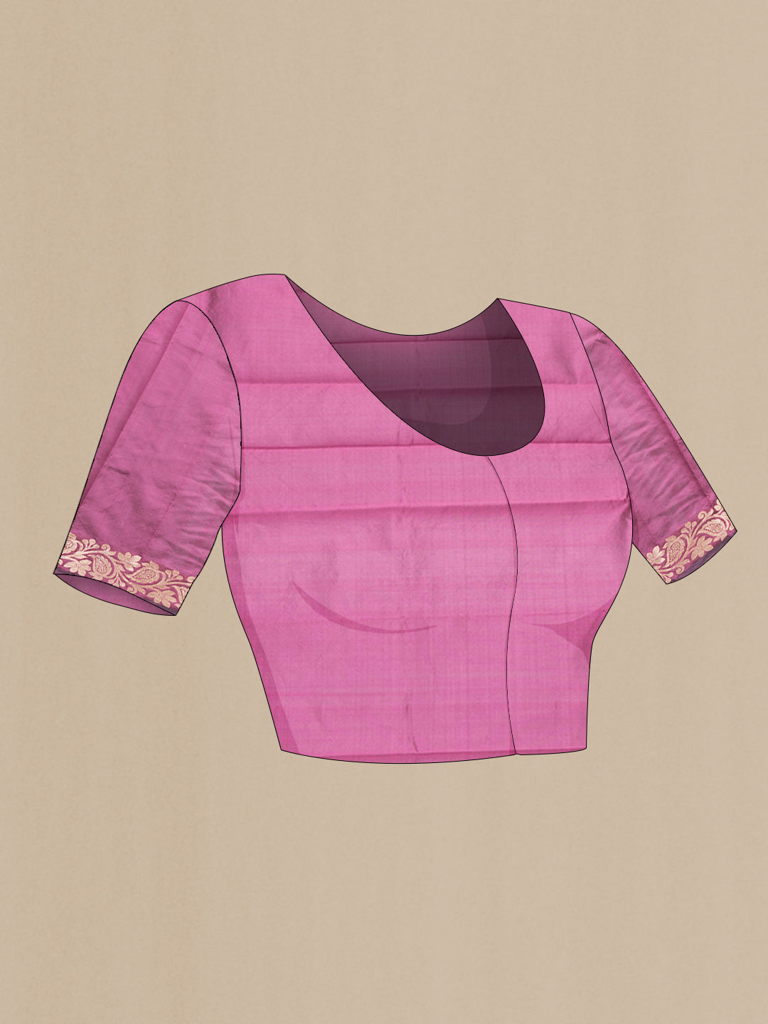 Close up image of the blouse of Light Magenta Banarasi Silk Saree with Zari Butta on the body and Zari Border. 