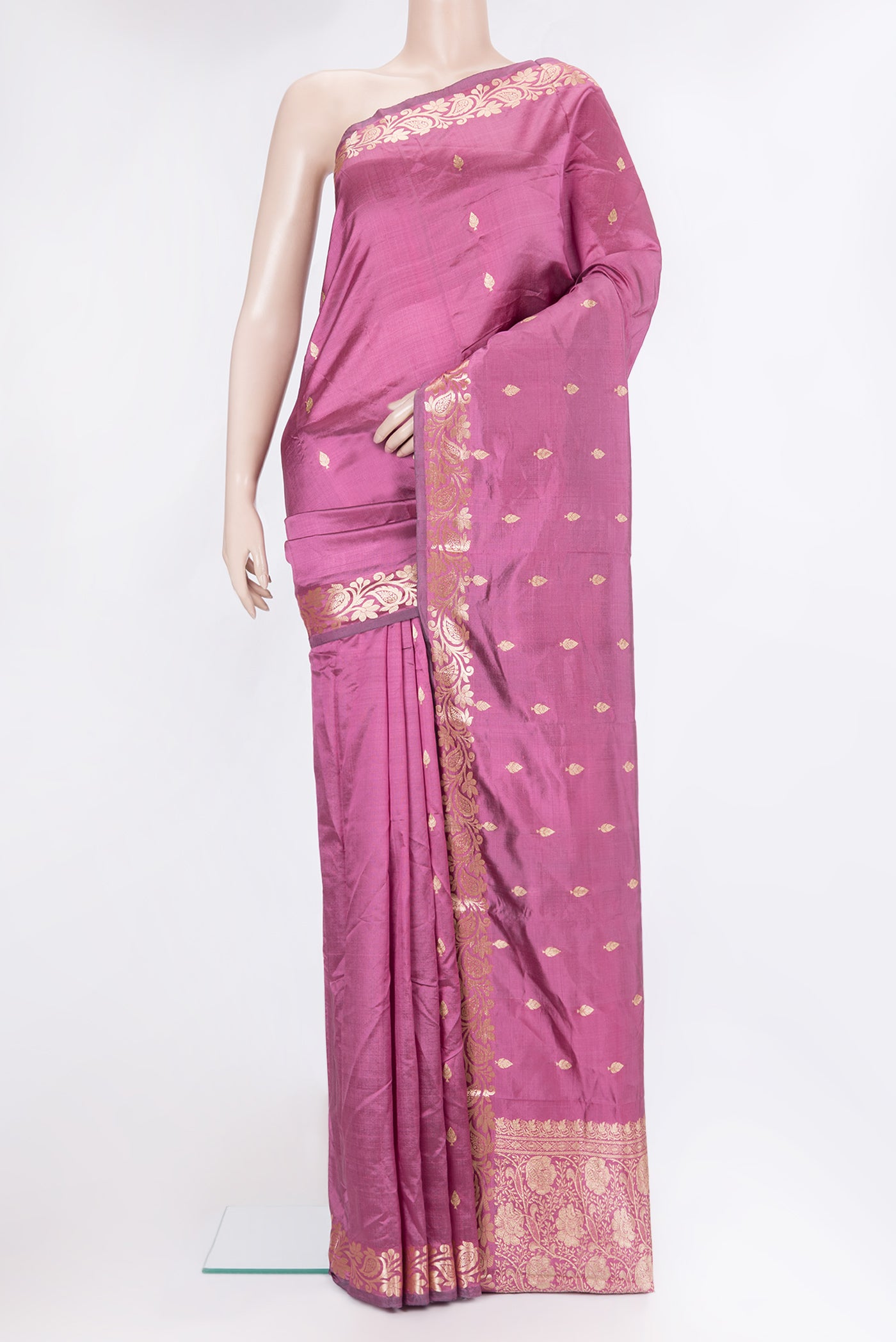 Light Magenta Banarasi Silk Saree with Zari Butta on the body and Zari Border.  displayed on a mannequin