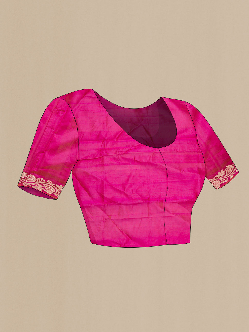 Close up image of the blouse of Pure Silk Pink Banarasi Saree with Zari Butta on the body and Zari Border. 