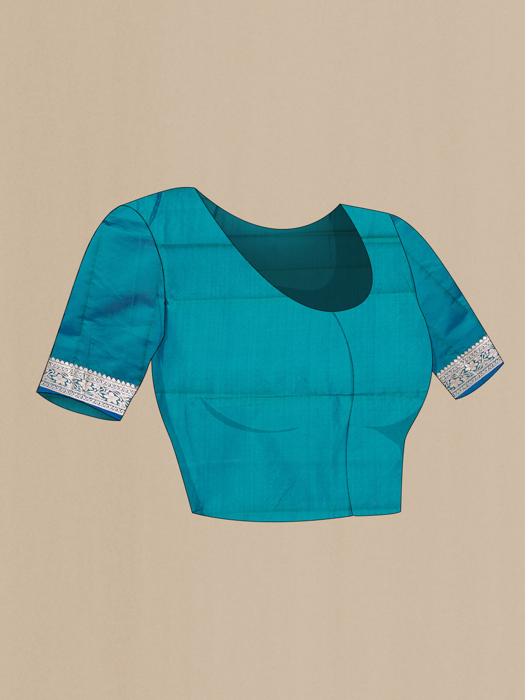 Close up image of the blouse of Peacock Blue Banarasi Silk Saree with Zari Butta on the body and Zari Border. 