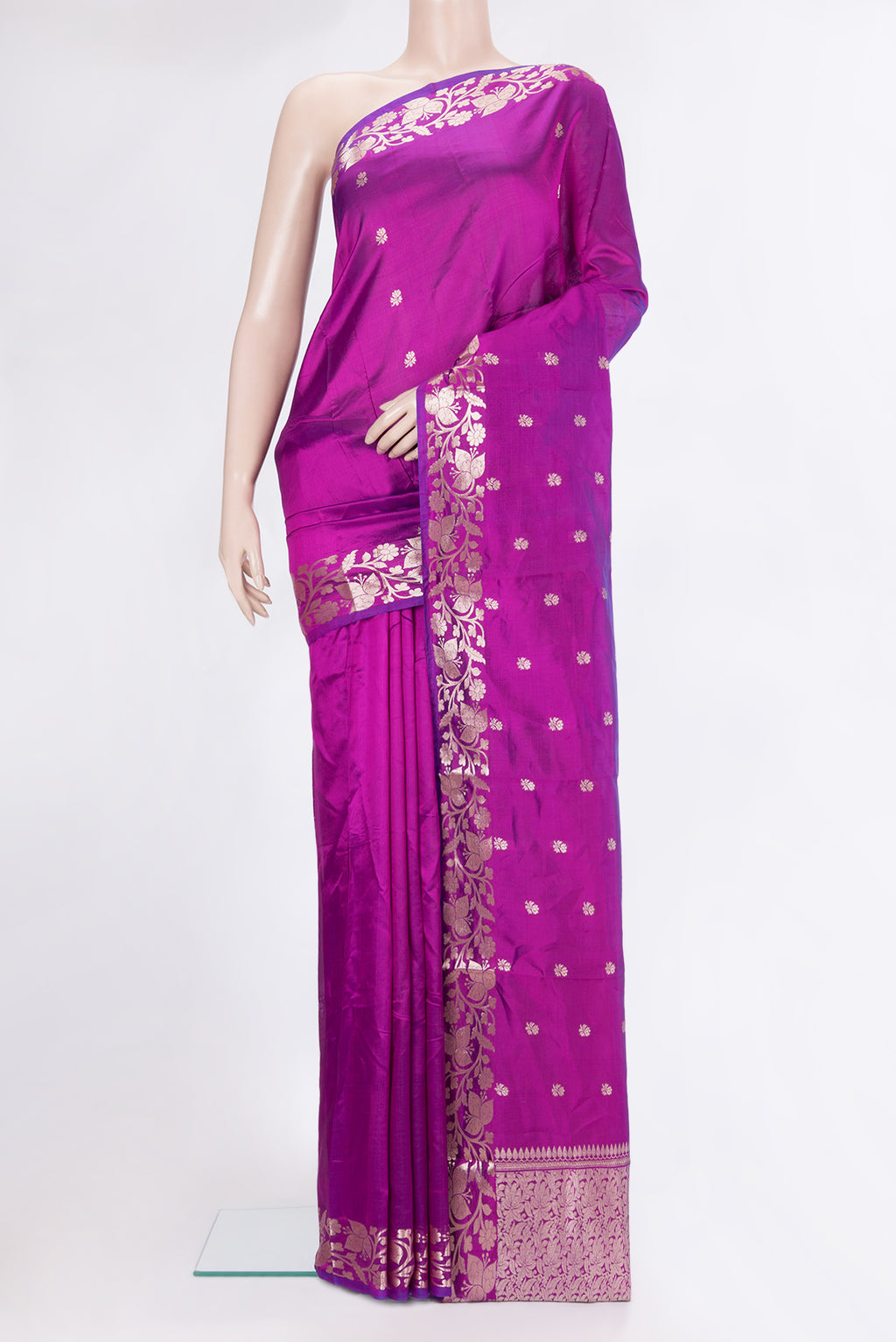 Purple Banarasi Silk Saree with Zari Butta on the body and Zari Border.  displayed on a mannequin