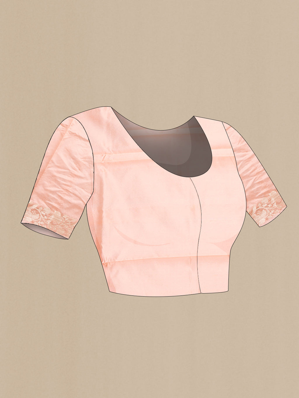 Close up image of the blouse of Peach Banarasi Silk Saree with Zari Butta on the body and Zari Border. 