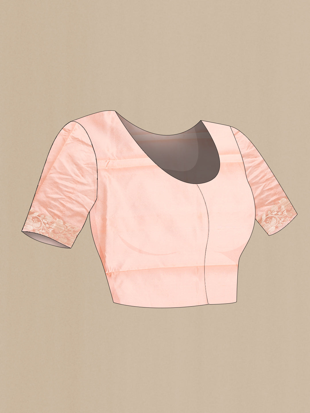 Close up image of the blouse of Peach Banarasi Silk Saree with Zari Butta on the body and Zari Border. 