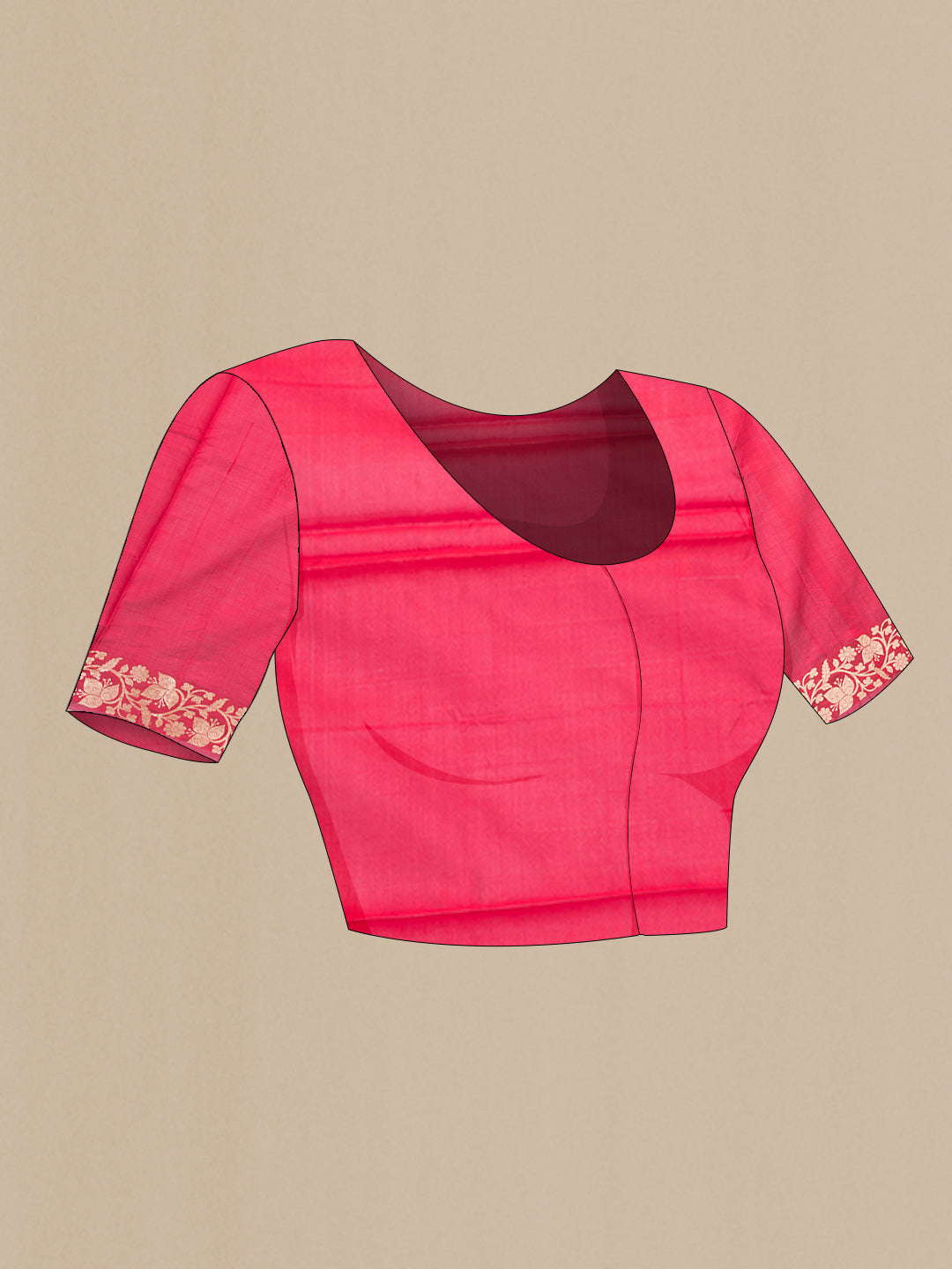 Close up image of the blouse of Pink Banarasi Silk Saree with Zari Butta on the body and Zari Border. 
