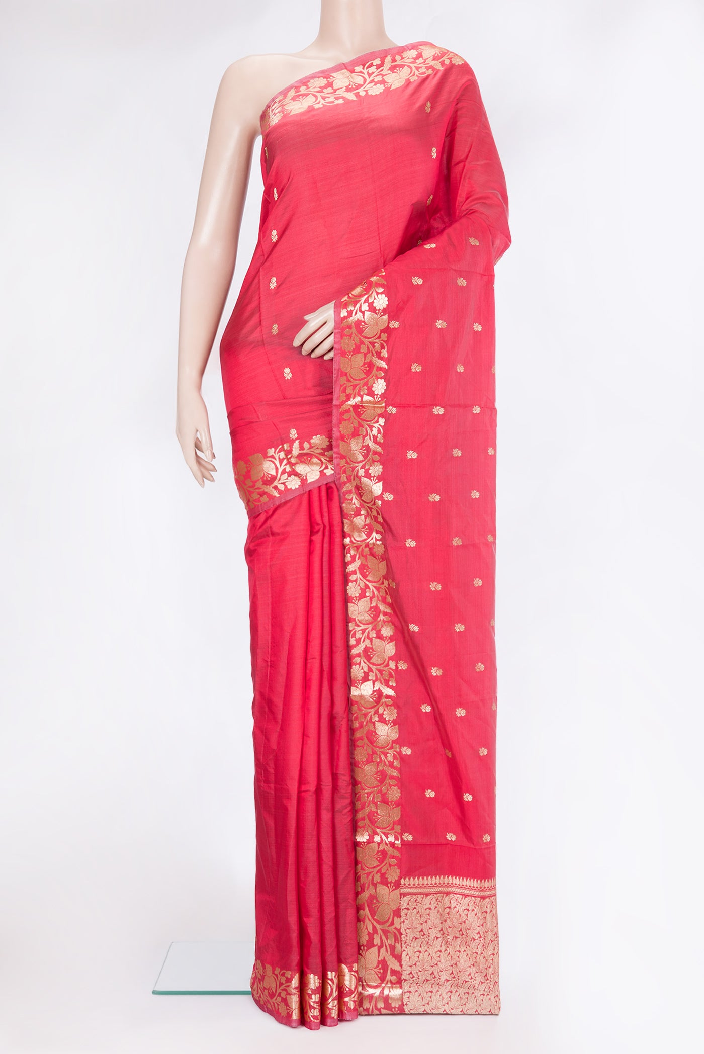 Pink Banarasi Silk Saree with Zari Butta on the body and Zari Border.  displayed on a mannequin