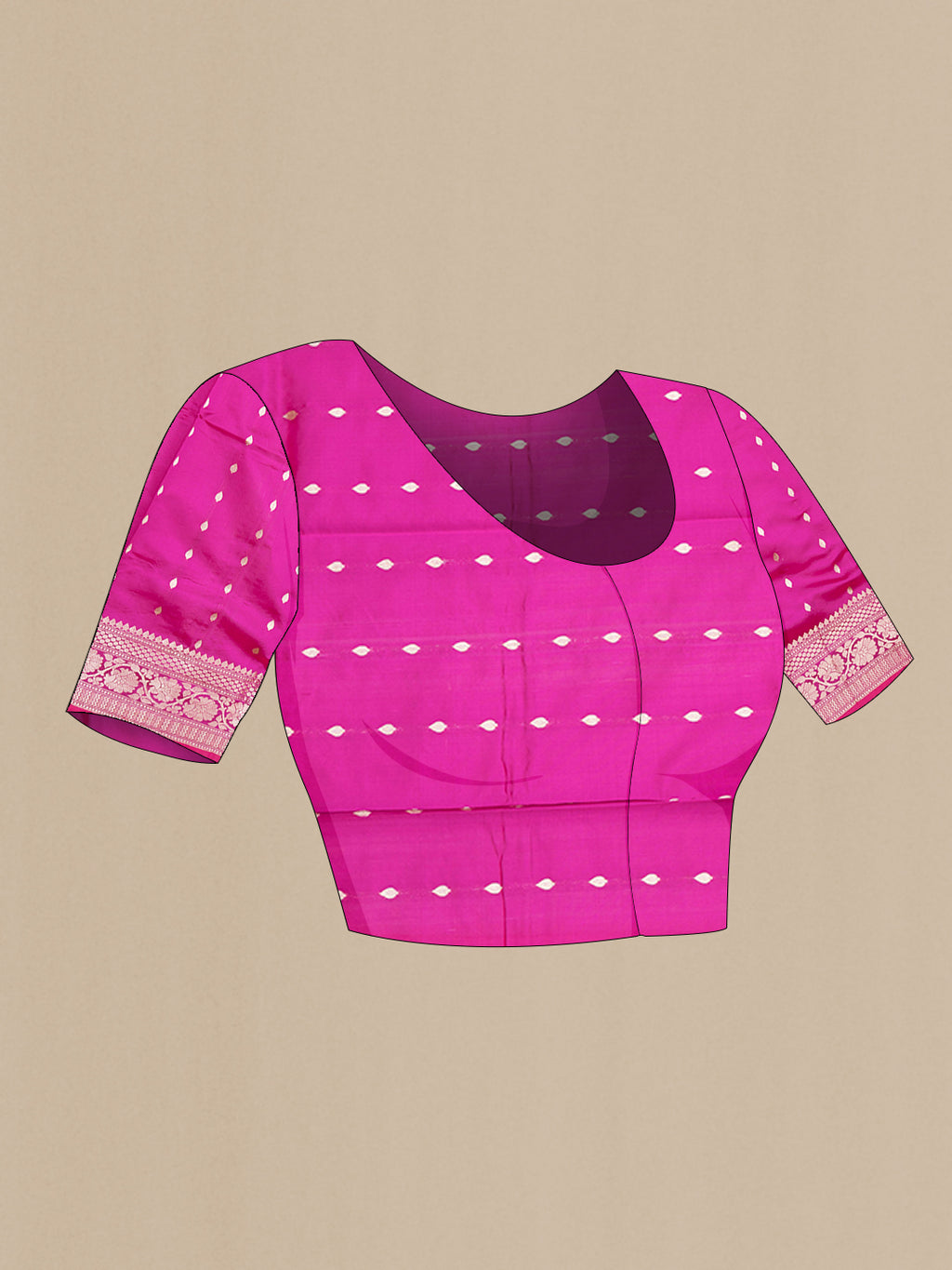 Close up image of the blouse of Dark Pink Banarasi Silk Saree with Zari Butta on the body and Zari Border. 