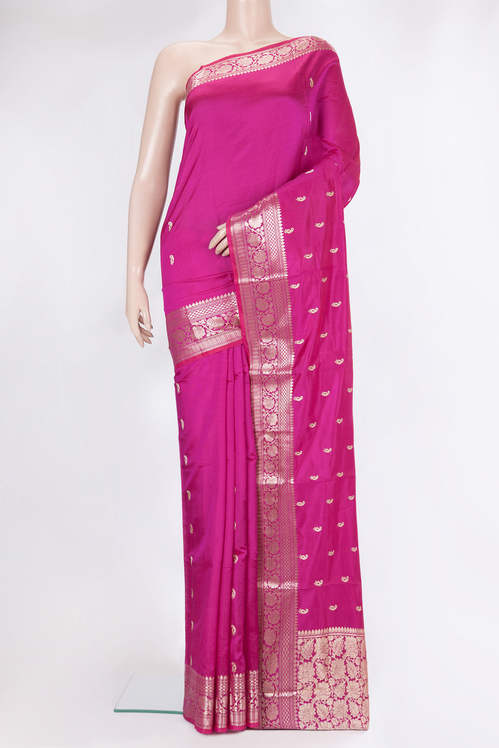 Dark Pink Banarasi Silk Saree with Zari Butta on the body and Zari Border.  displayed on a mannequin