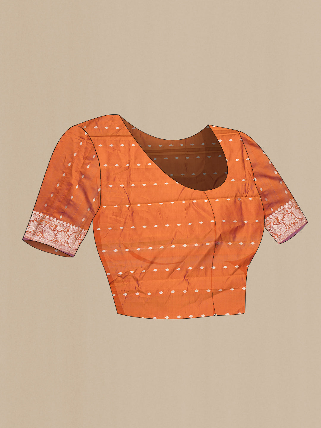 Close up image of the blouse of Pure Silk Rust Banarasi Katan Saree with Zari Butta on the body and Zari Border. 