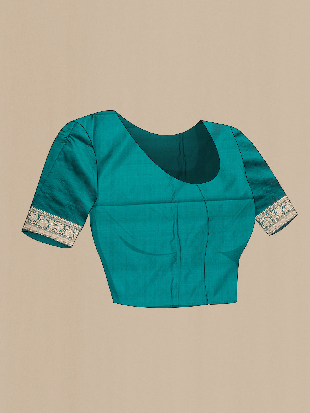 Close up image of the blouse of Bottle Green Banarasi Silk Saree with Zari Butta on the body and Zari Border. 