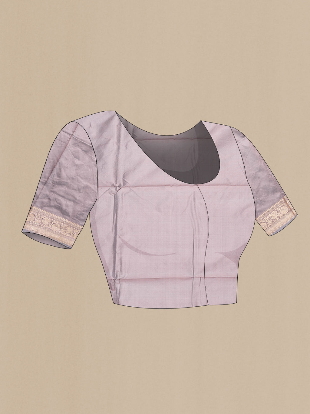 Close up image of the blouse of Lilac Banarasi Silk Saree with Zari Butta on the body and Zari Border. 